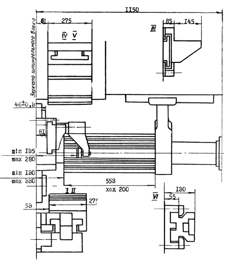 1Б265-6К Габаритні розміри робочого простору шестишпиндельного автомата
